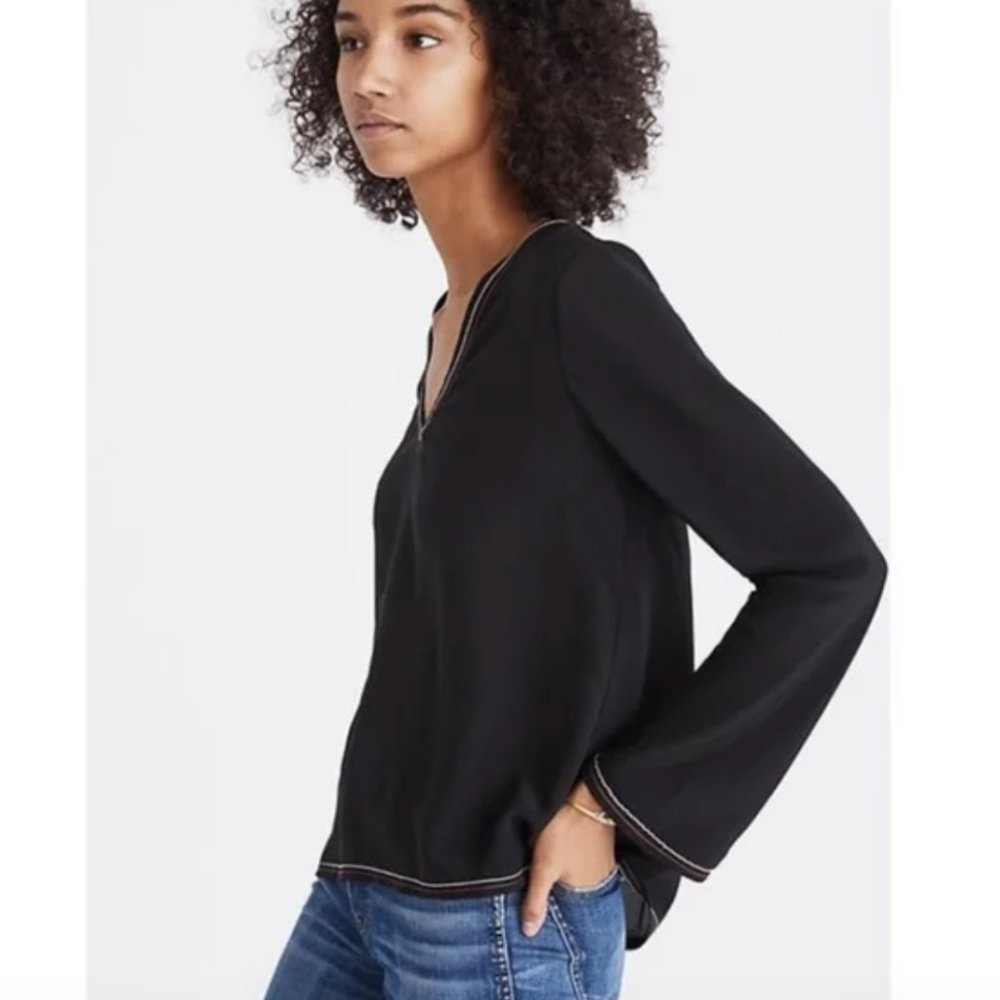Madewell Black Silk Stitched V-Neck Tie Open Back Long Bell Sleeve Top Size M - Picture 3 of 14